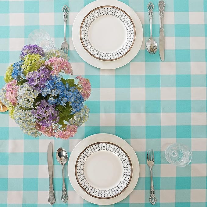 Cupuamon 2 Pack Waterproof Polyester Fabic Rectangle Checkered Tablecloth，60x84 Outdoor Table Cloth，Oil Stain Prevention Table Cloth for Pinics and Parties（Aqua and White）