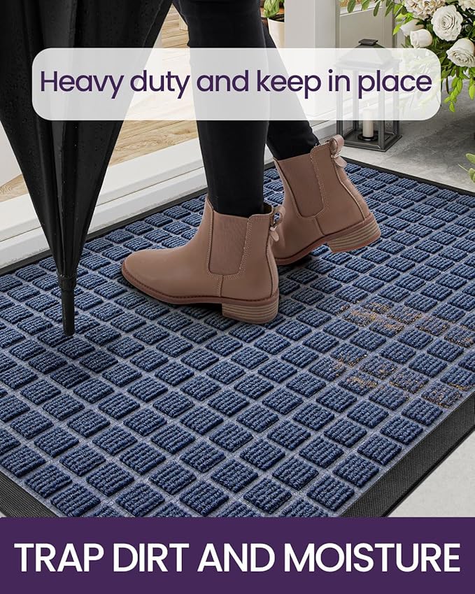 DEXI Front Door Mat Outside Entrance, 17x29 Rubber Entry Doormat Heavy Duty, Welcome Mats Non Slip for Inside House Floor Entryway Double Doors Exterior Patio, Checkered Blue
