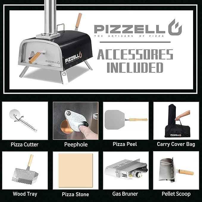 PIZZELLO 12" Outdoor Pizza Oven Propane and Wood Fired Pizza Maker Multi-Fuel Pizza Ovens with Gas Burner, Wood Tray, Stone, Pizza Peel, Cover, Forte Gas (Black)