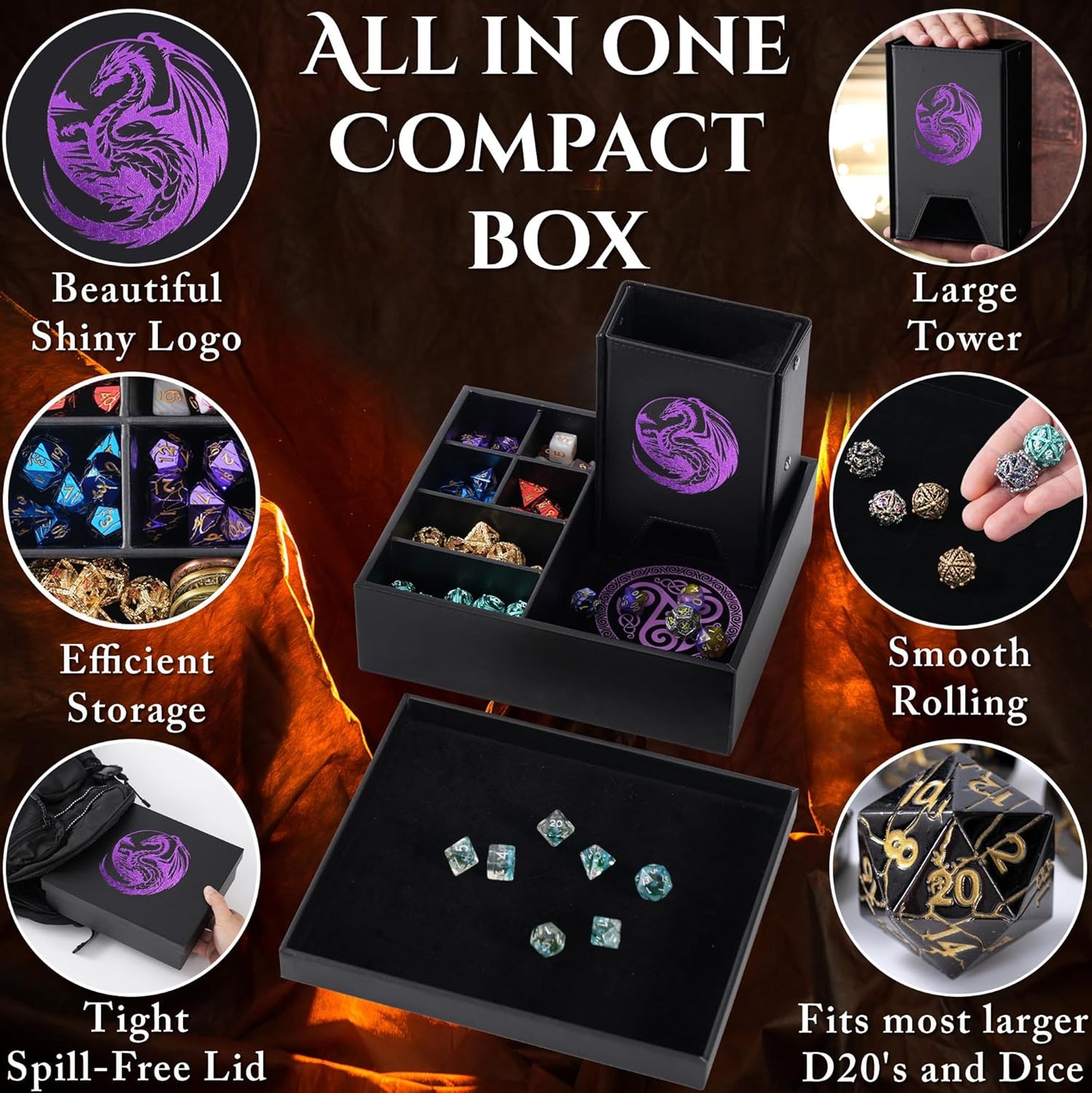 Soar Forge Dice Tray and Dice Tower for DND - All-in-One Tray, Storage & Large Tower for Random Rolls - Stores Dice for D&D, Mini's etc, Perfect RPG Gift Accessories (Purple Dragon)