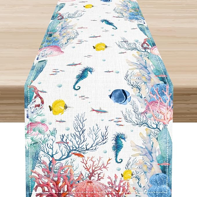 Nautical Table Runner, Summer Coastal Starfish Seahorse Seashells Coral Tropical Ocean Beach Colorful Farmhouse Coffee Table Center Decor for Home Kitchen Dining Patio Indoor Outdoor, 13"x36" Inch