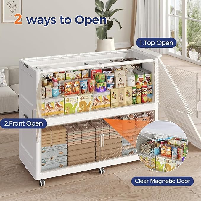 200GAL Extra Large Storage Bins with Lid, 800QT Collapsible Organizer with Wheels, Stackable Closet Cabinet with Doors, Folding Storage Containers for Home, Office, Kitchen, 4Pack White