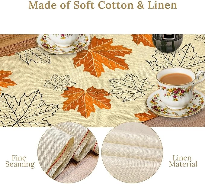 Fall Maple Leaves Table Runner, Rustic Vintage Autumn Orange Leaf Thanksgiving Farmhouse Kitchen Dinning Table for Indoor Outdoor Home Party, 13x120inch