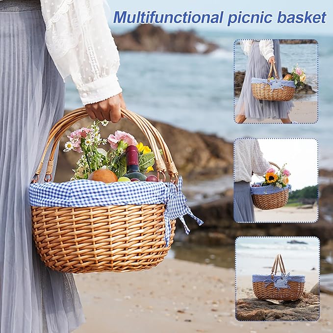 G GOOD GAIN Wicker Picnic Basket with Double Folding Handles,Willow Picnic Hamper,Natural Hand Woven Easter Basket,Easter Eggs and Candy Basket,Bath Storage,Gift Packing Basket.Blue