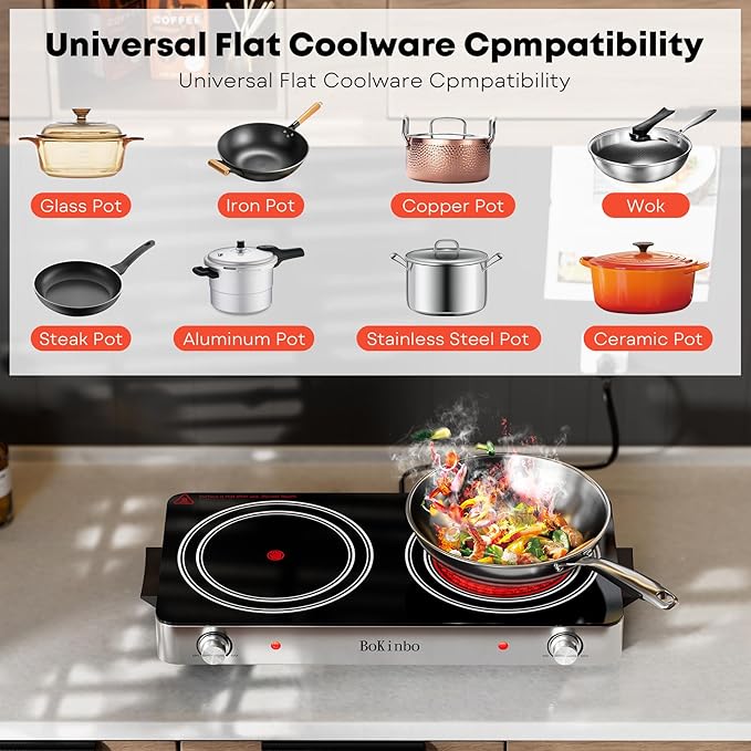 Electric Cooktop, Dual 2200 Watts Infrared Burner, 2 Burner Electric Hot Plate for Cooking, Knob Control Countertop & Built-in Ceramic Cooktop, Overheat Protection Burner for Dorm, Kitchen