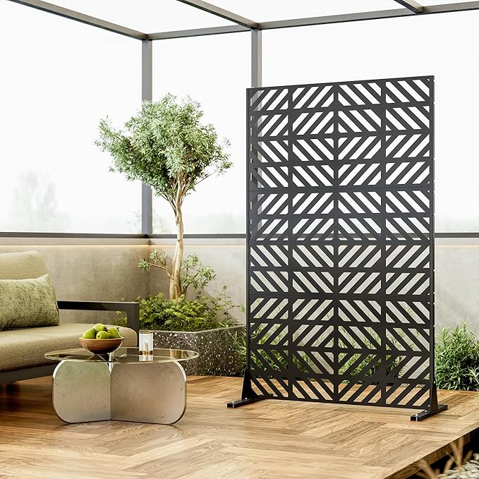 Heavy-Duty Outdoor Privacy Screen for Patio, Balcony, Backyard - 72" H * 44" W Tall Metal Room Divider with Geometric Pattern, Anti-Tipping Kit, Weather Resistant, Easy Assembly (Black-FGXPF)