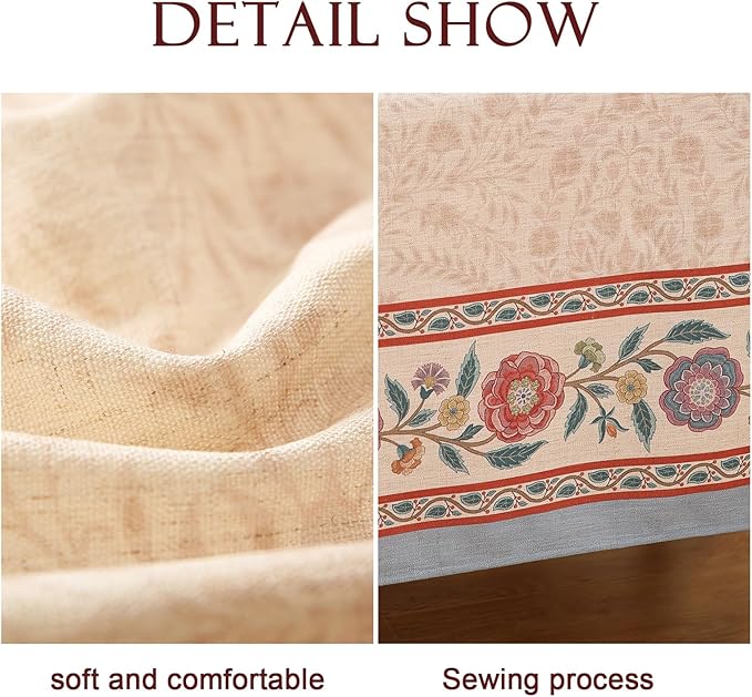 Beige Linen Rectangle Tablecloth,Vintage Indian Style Soft and Colorfast Floral Tablecloths,Decor Table Cover for Kitchen,Dining,Party,Thanksgiving,Christmas,55"*87"-Flowershadow E
