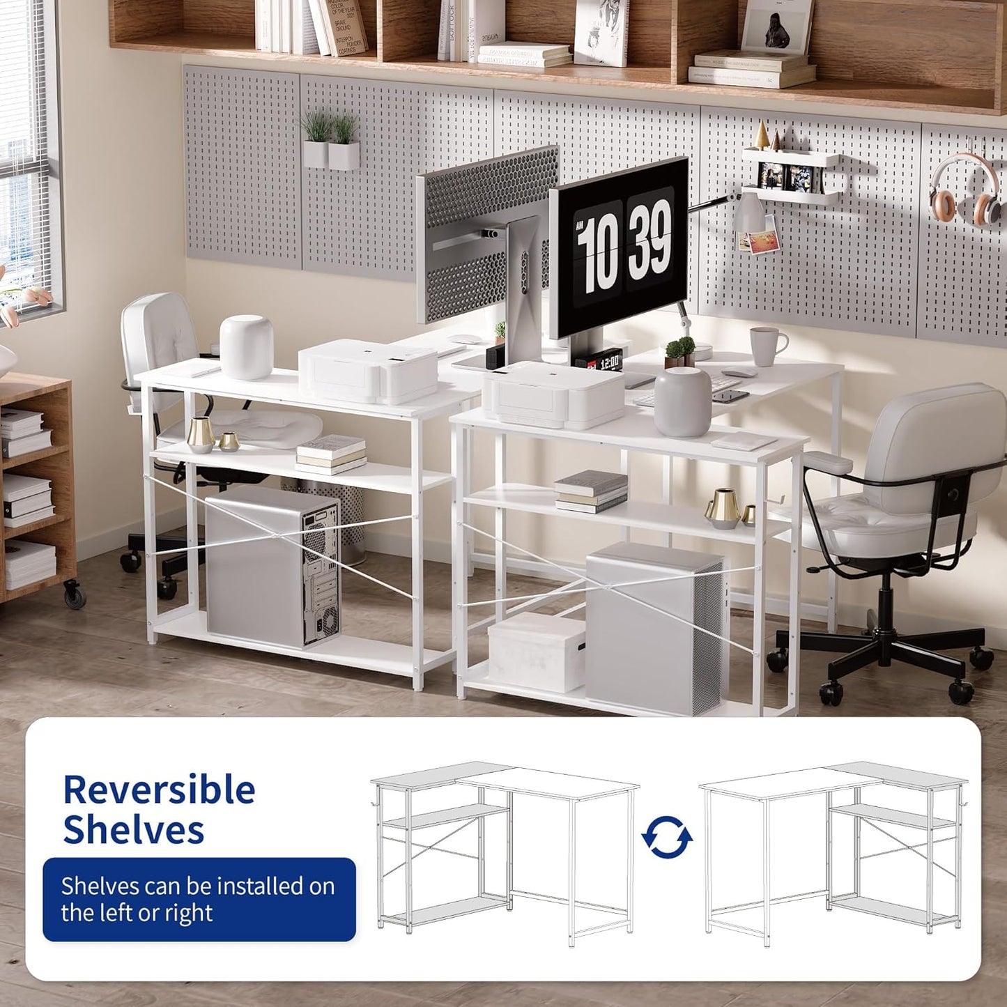 Pamray 43 Inch L Shaped Computer Desk with Reversible Side Storage Shelves, Small Corner Desk for Small Space Home Office,Writing Study Table PC Desk for Bedroom,Red