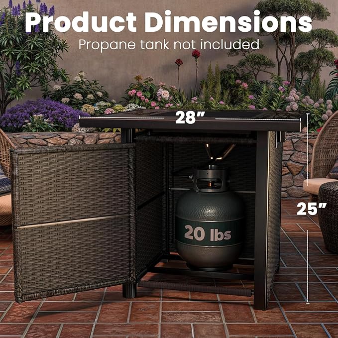 Propane Outdoor Fire Pit Table, 28" Rattan Square Fire Pit Table, Outdoor Gas FirePit W/Glass Wind Guard, Tempered Glass Tabletop, Lid, CSA Listed, 50,000 BTU, Outside Patio Deck & Garden, Black