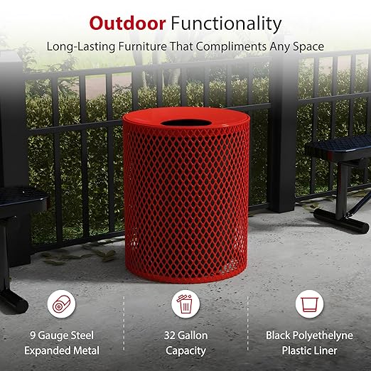 Leisure Craft Heavy-Duty 32 Gallon Receptacle, Portable, Liner Included, Made with Heavy-Gauge Metal and a Durable Thermoplastic Coating, Commercial Outdoor Park Receptacle, Made in The USA