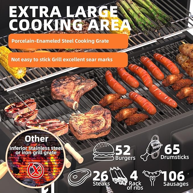 MELLCOM Charcoal Grills, 36 In Large BBQ Grill with Storage Cabinet, 620 Sq.In Oversized BBQ Area, Individual Lifting Charcoal Trays, Foldable Side Tables and Thermometer for Patio, Outdoor, Balcony