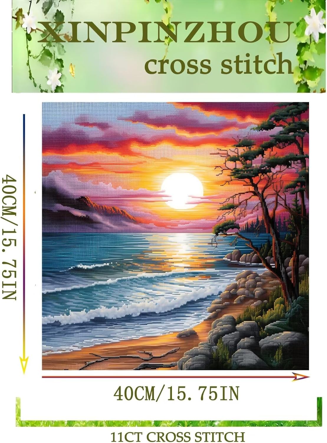Xinpinzhou Seaside Landscape 11ct Cross Stitch Kits, 11 CT Funny Pre Printed Counted Stamped Cross Stitch Embroidery Needlepoint Patterns Kits for Beginners Adults Crossstitch 40x40 cm