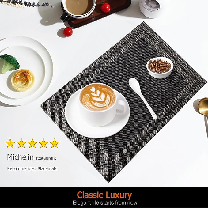 Placemats Set of 12 Washable&Wipeable Place mats for Dining Table Kitchen Indoor Outdoor Table Mats Heat Resistant Non Slip Woven Vinyl Table Placemats (Black，12PCS)