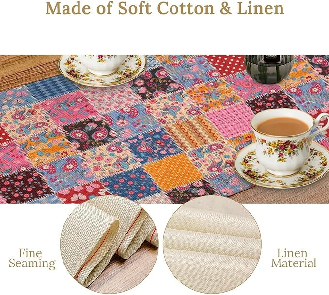 Patchwork Floral Table Runner, Patch Boho Flowers Country Wildflowers Rustic Splicing Design Pattern Table Runner for Farmhouse Kitchen Dining Home Party 13x70in