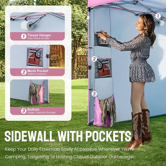 CROWN SHADES Canopy Tent, 10 x 10 Foot Portable Pop Up Outdoor Shelter with Pocket Sidewall, Push Center Lock, UV Protection, and Carry Bag, Pink