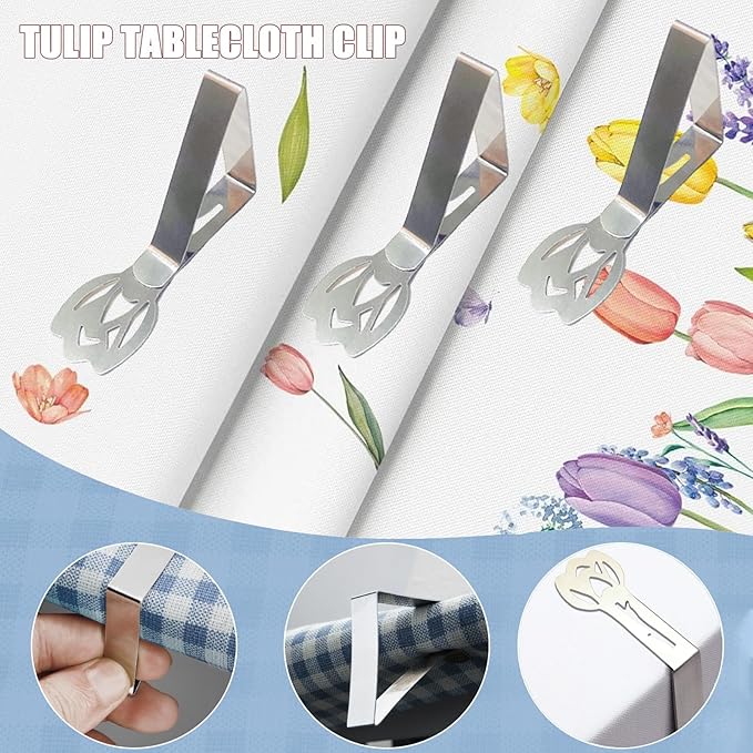 CUNGLIN Tablecloth Clips for Outdoor Tables, Tulip Shape Picnic Table Cloth Holder Clip Large Thick Stainless Steel Decorative Cover Clamp Pin for Indoor Party Wedding RV Accessories 10 Pack
