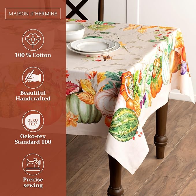 Maison d' Hermine Table Cloth Square Table 100% Cotton 54 x 54 Inches Fall Tablecloth Reusable Everyday Use for Thanksgiving Christmas Decorations Dining Farmhouse Party (Lumina)