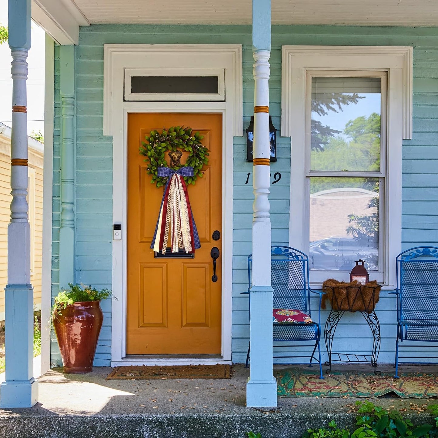 Large Blue Buffalo Plaid Ribbons Bow for Wreath, Red Orange Fall Fabric Ribbons Set Assorted Lace Ribbon Navy Clip-On Wreath Sash Ribbon Bundle for Thanksgiving Home Indoor Outdoor Decor
