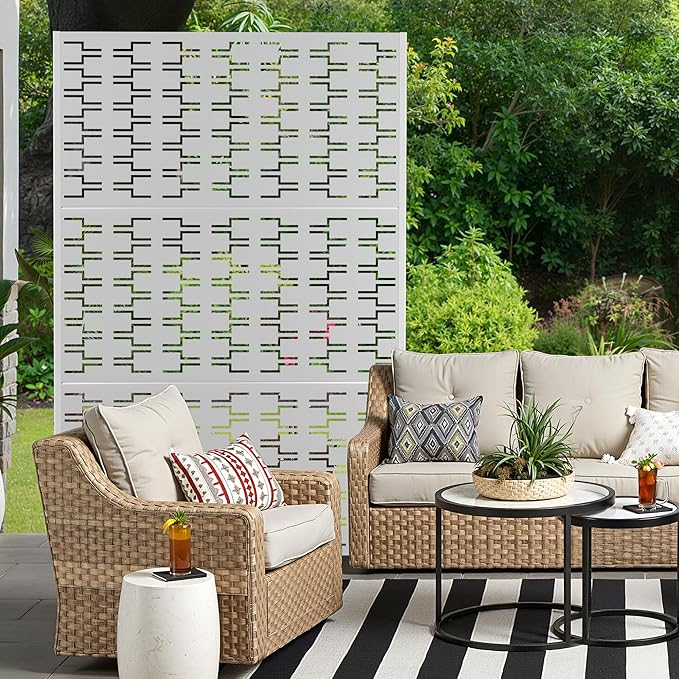 Metal Privacy Screen for Outdoor & Indoor Use, Free Standing Privacy Screen for Patio Garden Pool, 72" H x 47" W Decoative Privacy Panels, Weather Resistant, Easy Assembly (White Brick)