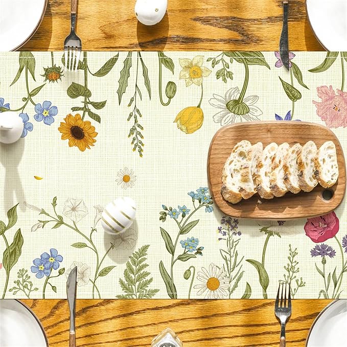Summer Flower and Leaf Table Runner Seasonal Holiday Anniversary Indoor Outdoor Home Kitchen Table Party Decor (Colorful Flowers 4, 13×72 Inches)