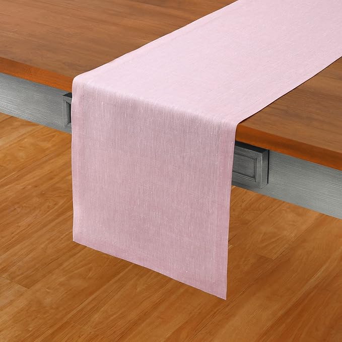 Solino Home Linen Short Table Runner 48 Inches - Athena, 100% Pure Linen Bubblegum Pink Table Runner 14 x 48 Inch Ideal for Dresser and Coffee Tables - Valentines, Spring, Easter