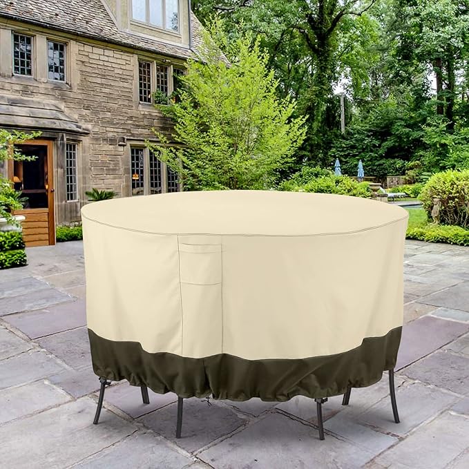 SunPatio Waterproof Outdoor Furniture Covers for Table Chairs Set, UV Resistant Anti-Fading Patio Table Cover, Beige and Olive, Round 72" Dia