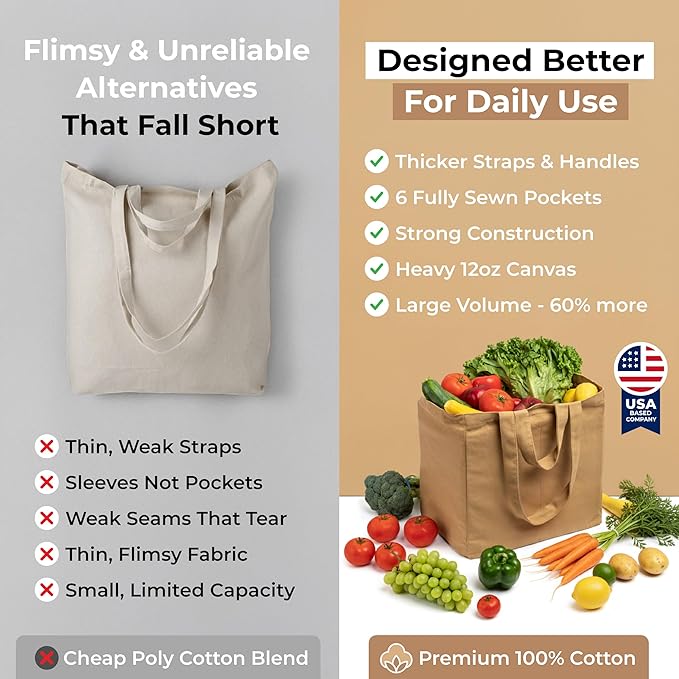 VeraMia Canvas Grocery Bag 3pc XL Set with Real Pockets, Long Shoulder Strap and Short Handle. Heavy Duty, Foldable, Washable