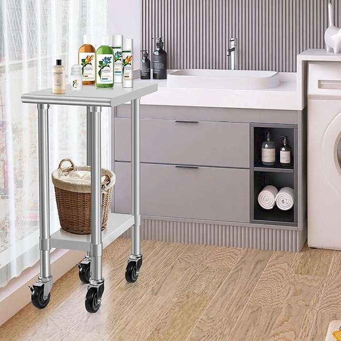 HARDURA Stainless Steel Commercial Table Prep & Work Table with Casters Heavy Duty Metal Table with Wheels NSF 430 24×15 Inches