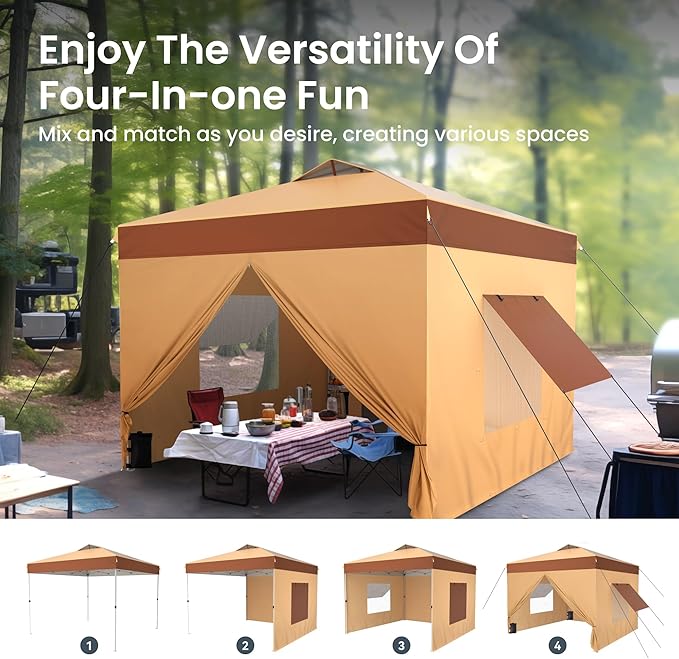 PHI VILLA 10x10 Pop Up Canopy Tent with Sidewalls - Easy Up Tent with Mesh Windows for Ventilation, Waterproof Design - Ideal for Parties, Beach, and Outdoor Events (Beige)