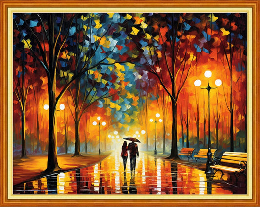 Dooxvey Cross Stitch Kits for Adults, 16x20 inch, Embroidery Kits, Modern, Unisex, All Seasons, Cotton, People, Strolling on a Rainy Night