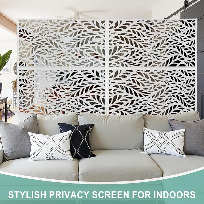Metal Privacy Screen for Outdoor & Indoor Use, Free Standing Privacy Screen for Patio Garden Pool, 72" H x 47" W Decoative Privacy Panels, Weather Resistant, Easy Assembly (White Spring)