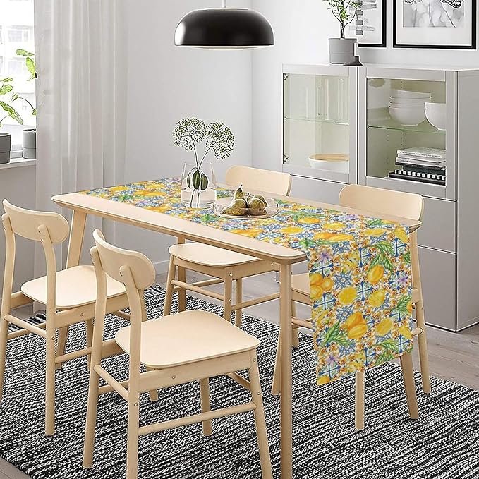 Lemon Tiles Table Runner, Blue Yellow Kitchen Summer Flower Table Runner for Home Kitchen Indoor Outdoor Patio Party 13x108in