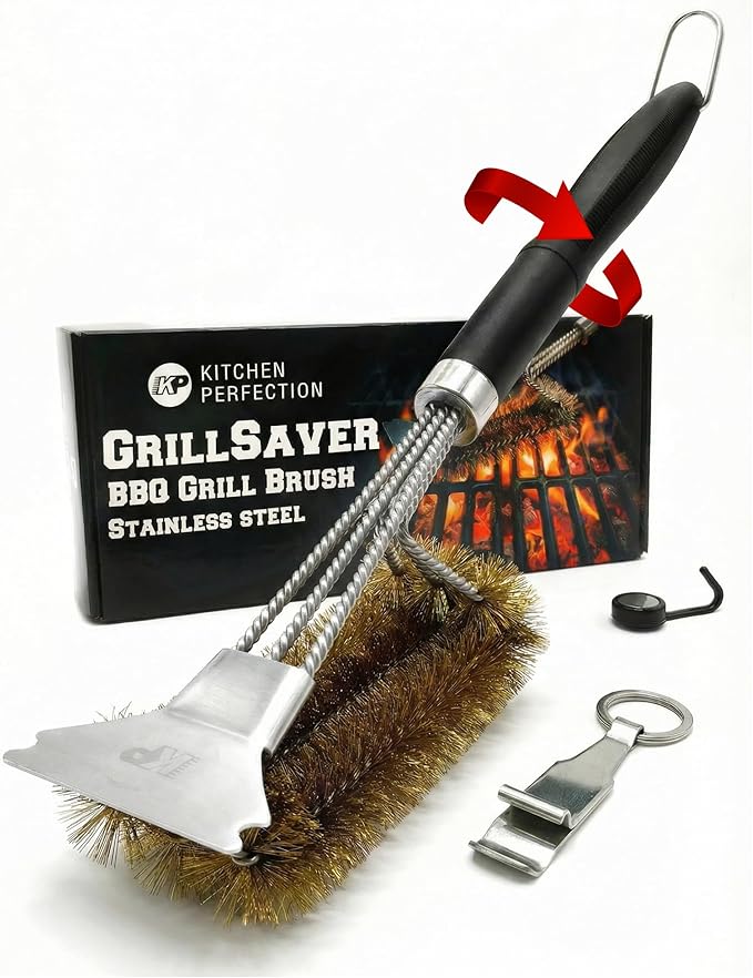 KITCHEN PERFECTION Brass GrillSaver - Safe BBQ Grill Brush with Replaceable Cleaning Head -Heavy-Duty Grill Cleaner w/Scraper for Porcelain & Ceramic Grates, Includes Magnetic Hanger & Bottle Opener