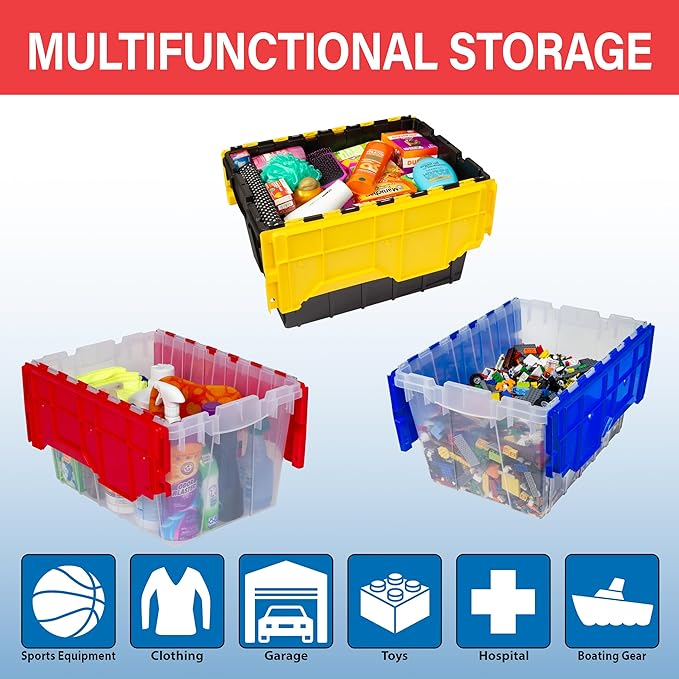 Akro-Mils KeepBox 12 Gallon Storage Container, Nesting and Stackable Plastic Storage Box with Lid Attached, Organizer Tote for Garages, Closets, Moving, 21-1/2" x 15" x 12-1/2", Black/Yellow, 6-Pack
