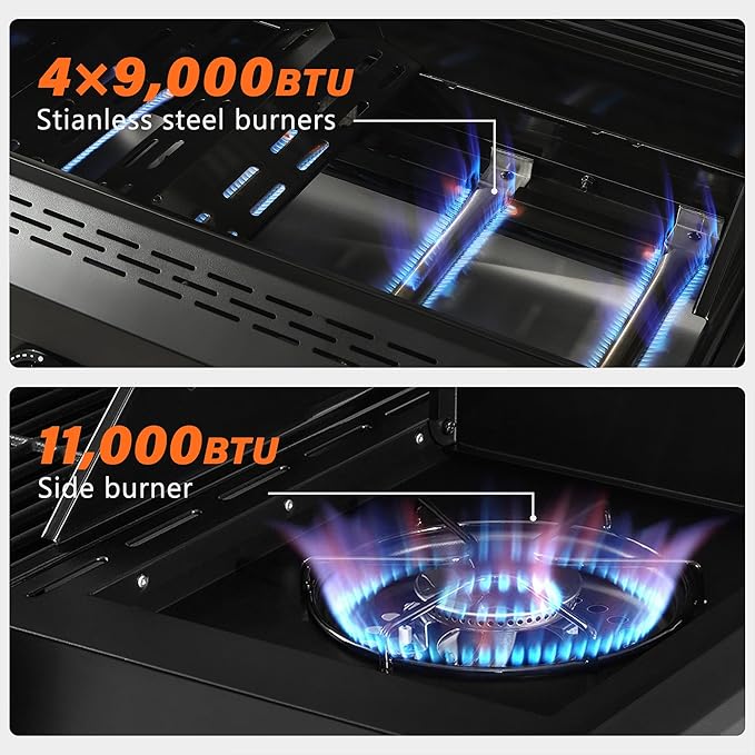 4+1 Burner Propane Gas Grill,47,000 BTU Outdoor BBQ with Enameled Cast Iron Grates and Side Tables, Portable for Backyard, Patio,Camping,3-in-1 BBQ Grill and Griddle Combo,555 Sq.in Cook Area