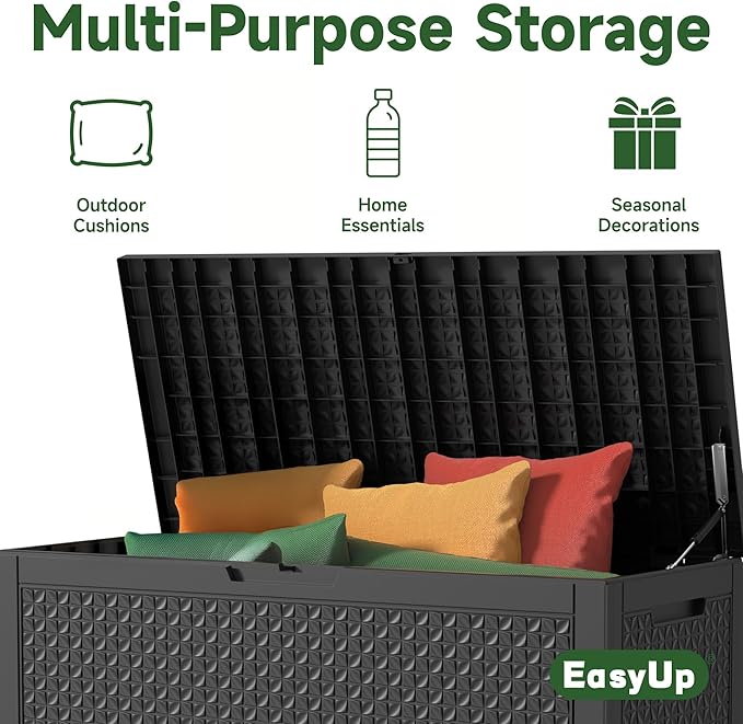EasyUp 121 Gallon Outdoor Storage Box Waterproof, UV Resistant Resin Deck Box with Hydraulic Rod, Reinforced Stability for Patio, Garden, Quad Leaf Black