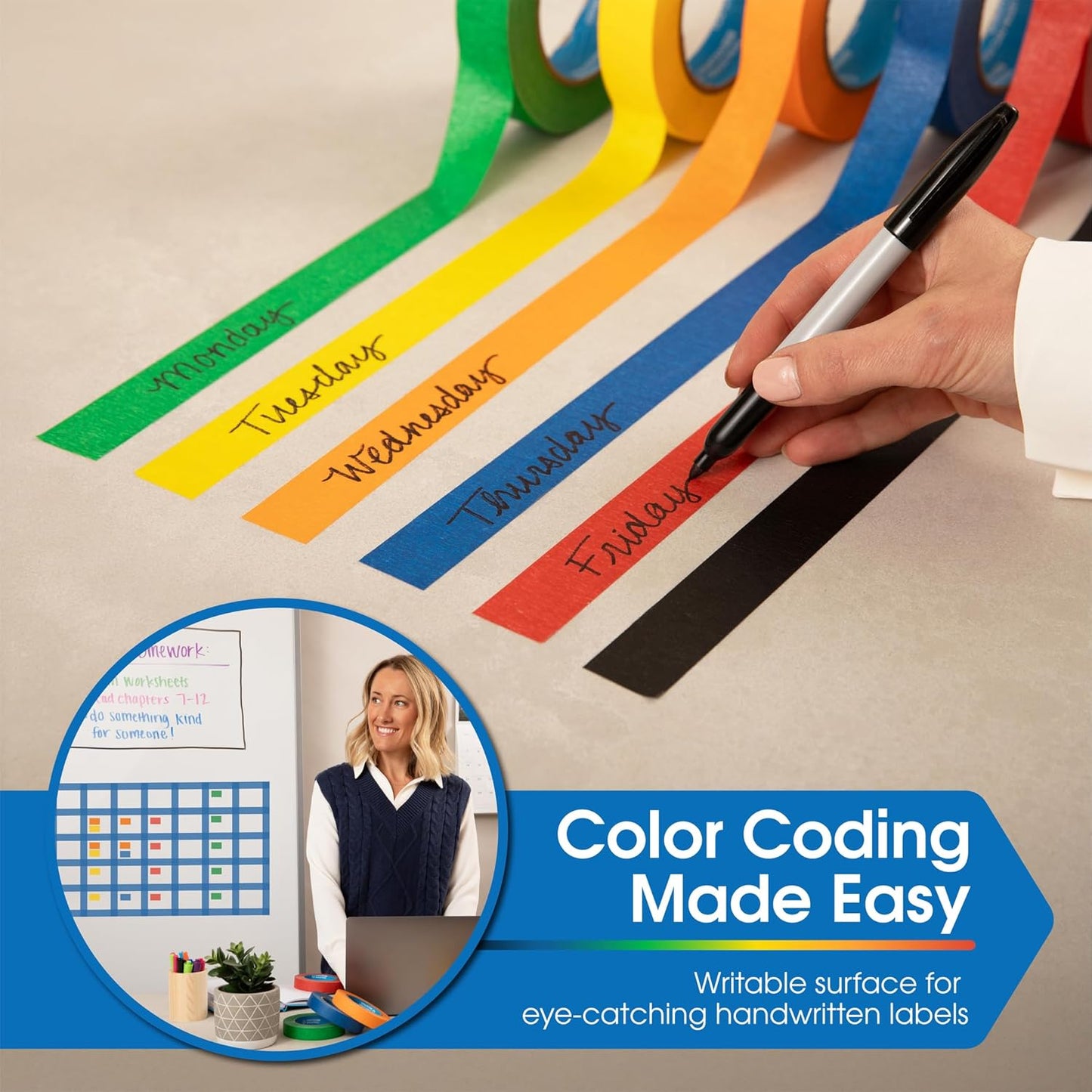 Spartan Industrial - 1" X 60 yd Blue Masking Tape - 12 Colored Tape Rolls for Bundling, Labeling, and More - No Residue, 5.5 Mil