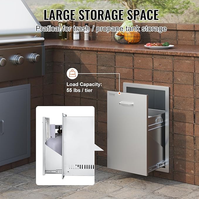 VEVOR Outdoor Kitchen Trash Drawer 16Wx22Hx16 D, Propane Tank Drawer, Stainless Steel Pull Out Trash with Handle, Outdoor Kitchen Cabinets Can Pull Out, BBQ Island Bin