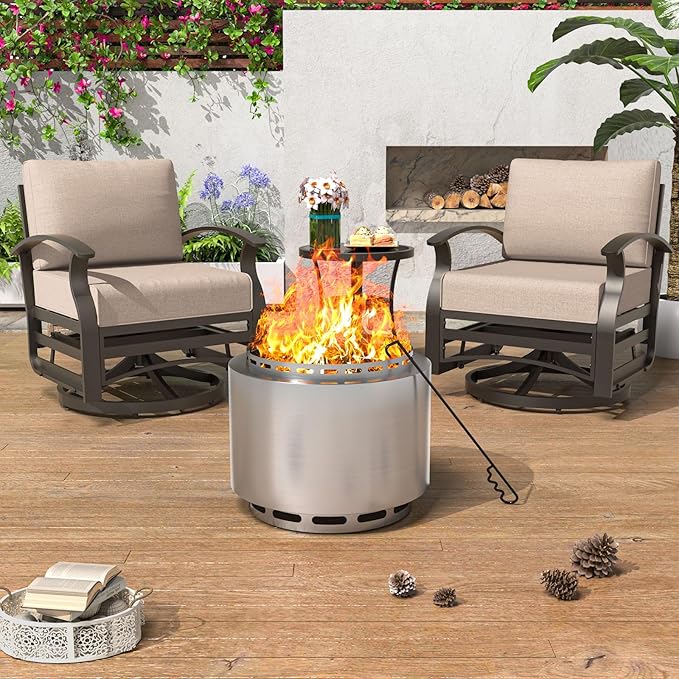 ALAULM Smokeless Fire Pit, 19 Inch Portable Fire Pit for Outside Wood Burning, Includes Ash Poker & Waterproof Cover, No Assembly Required, Solo Stove for Camping, Backyard & Patio (Silver)
