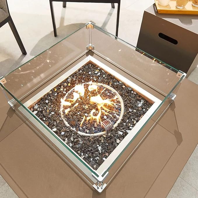 Fire Pit Wind Guard, 17.5 Square Fire Pit Glass Wind Guard Made of Clear Tempered Glass, Set with Assembly Instructions, Screwdriver, Easy to Install