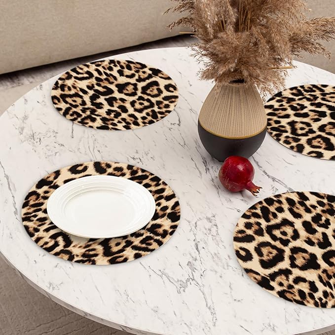 Faux Leather Placemats Set of 4,Golden Brown Bionic Leopard Print Ding Table Round Placemat Heat-Resistant Waterproof Non-Slip Place Mats Kitchen Living Room Decoration,13inch