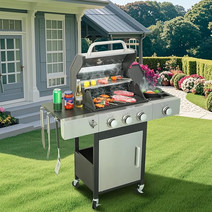 3-Burner Gas Grill with Side Burner, 37230 BTU Outdoor BBQ, Large Cooking Area with Enameled Cast Iron Grates, Locking Wheels & Foldable Side Tables for Patio & Backyard(3+1 Burner)