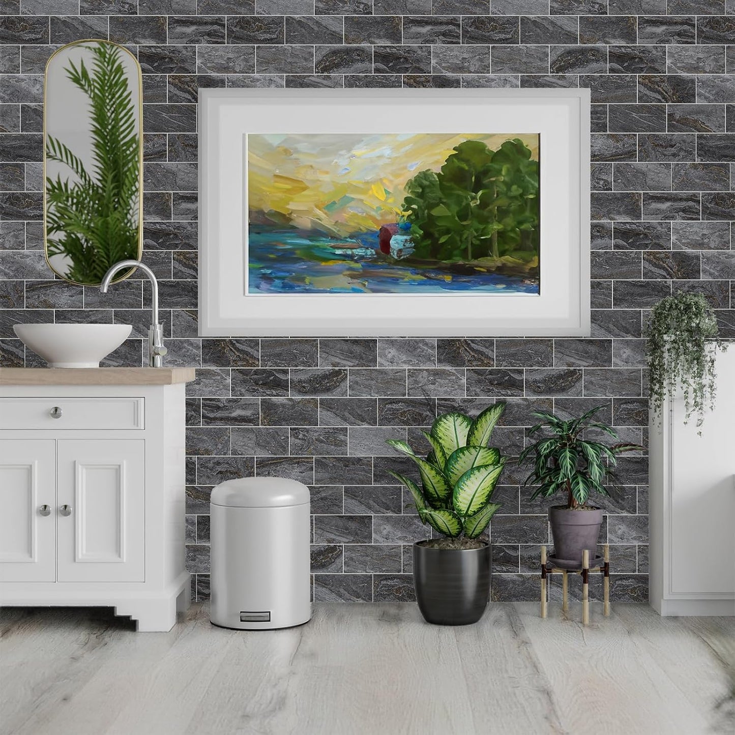 100 Pieces Peel and Stick Backsplash for Kitchen, 3" x 6" PVC Subway Tile 2025 Upgraded Gray-Gold Stone Backsplash Stick on Tile Elevate Kitchen Fireplace RV