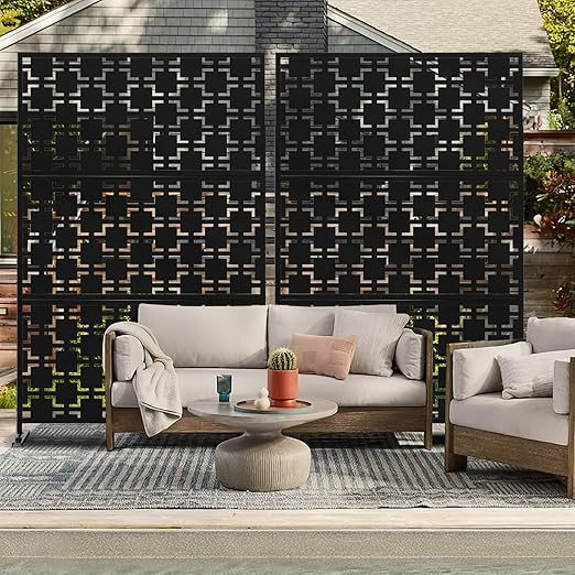Casaphoria 72" H x 47" W Metal Outdoor Privacy Screen, Freestanding Decorative Divider for Patio, Deck, Balcony, and Garden with Stable Base, Black-Square