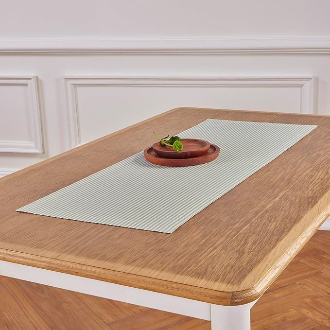 Solino Home Linen Stripe Table Runner 60 Inches - Narrow Stripe, 100% Pure Linen Avocado and White Table Runner 14 x 60 Inch for Dresser and Coffee Tables - Spring, St Patricks Day, Easter, Winter