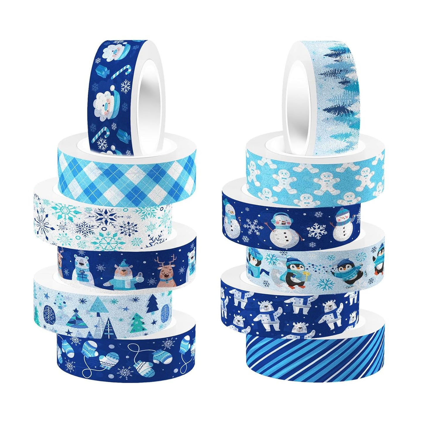 12 Rolls Winter Washi Tape Set Blue White Snowflake Snowman Holiday Masking Tape Xmas Tree Reindeer Penguin Holiday Decorative Tapes for Scrapbook Journal DIY Craft Gift Wrapping Party Decor 16.4FT
