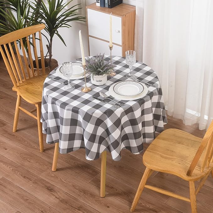 Cupuamon 2 Pack Waterproof Polyester Fabic Round Checkered Tablecloth，60 Outdoor Table Cloth，Oil Stain Prevention Table Cloth for Pinics and Parties（Gary and White）