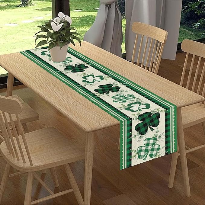 St.Patrick's Day Table Runner,Green Plaid Clover Eucalyptus Leaves Retro Linen Table Center Decor for Home Kitchen Dining Patio Holiday Party Indoor Decorations, 13"x90"