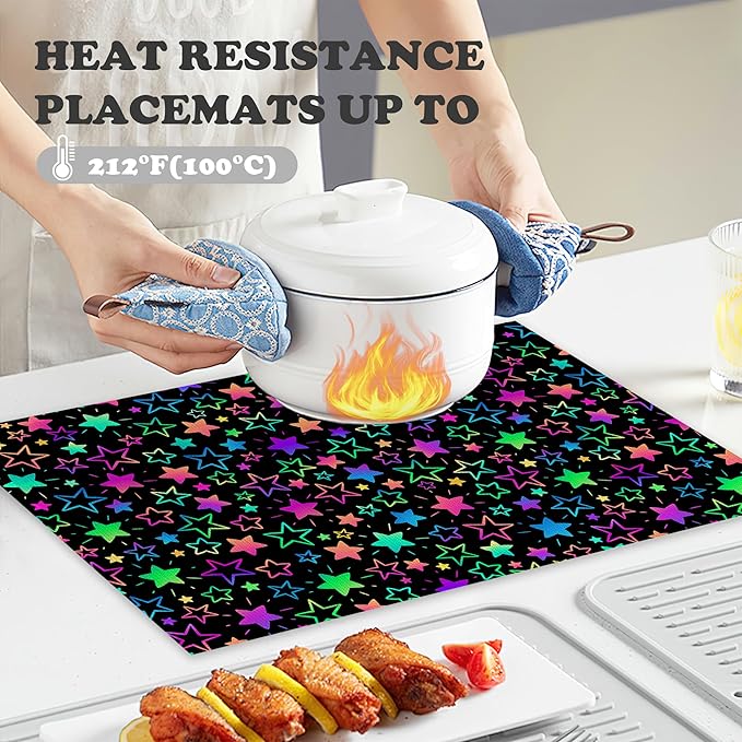 Neon Stars Placemats Set of 6 Linen Heat Resistant,Rainbow Glittering Table Mats Washable Rustic Place Mats Decoration for Home Kitchen Dining Room Party 12x18 Inch