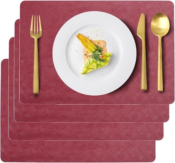 Vinyl Placemats Set of 4 Faux Leather 100% Waterproof Wipeable Washable Place Mats Heat Resistant Easy Clean Non-Slip Table Mats for Indoor Outdoor. (4,Red)